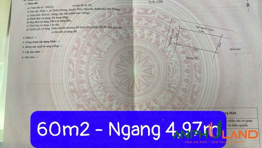 Cần bán đất 60 m2, TDP 1 Phường Thiên Hương, TP Thủy Nguyên, Hải Phòng