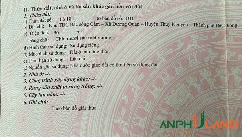 Cần bán lô đất tái định cư khu D, dự án Bắc Sông Cấm, Phường Dương Quan, TP Thủy Nguyên