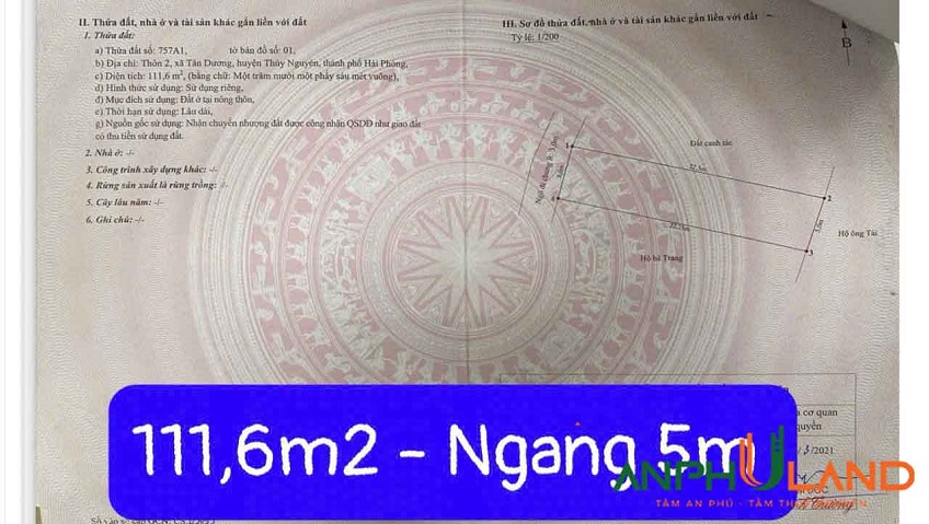 Chuyển nhượng  lô đất TDP 2, Phường Dương Quan, TP Thủy Nguyên, Hải Phòng