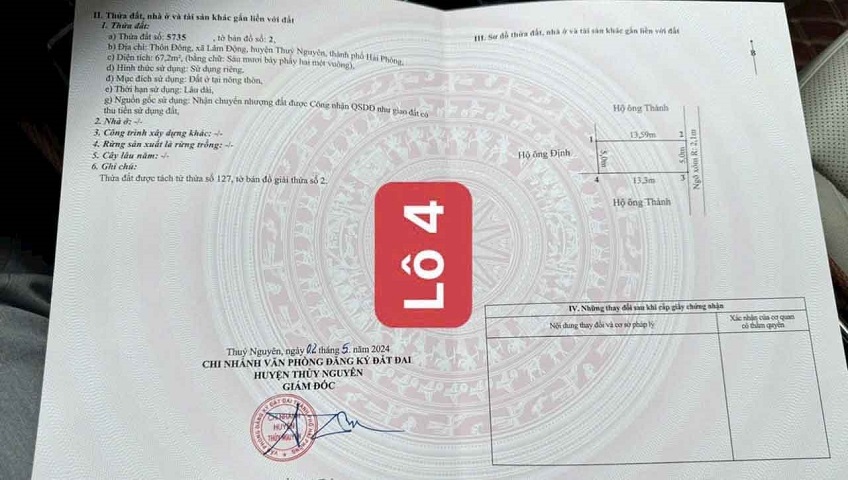 Bán lô đất 67m2 phường Hoàng Lâm, TP Thuỷ Nguyên, Hải Phòng