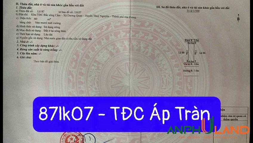 Cần bán lô đất rẻ nhất TĐC Áp Tràn, Phường Thủy Nguyên ( xã Dương Quan), TP Hải Phòng