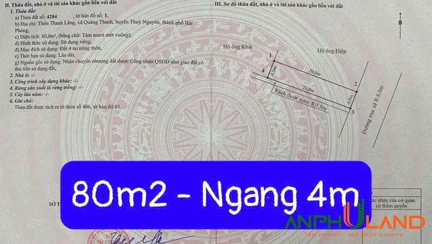 Chào bán 80m2 mặt đường thôn Thanh Lãng, Phường Lê Ích Mộc ( xã Quảng Thanh), TP Hải Phòng