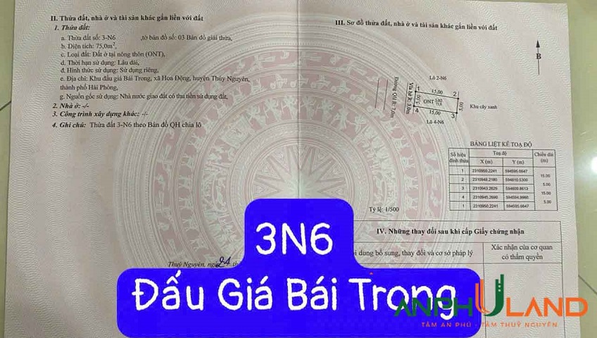 Cần bán lô đất đấu giá Bái Trong, Phường Thủy Nguyên ( xã Hoa Động), TP Hải Phòng