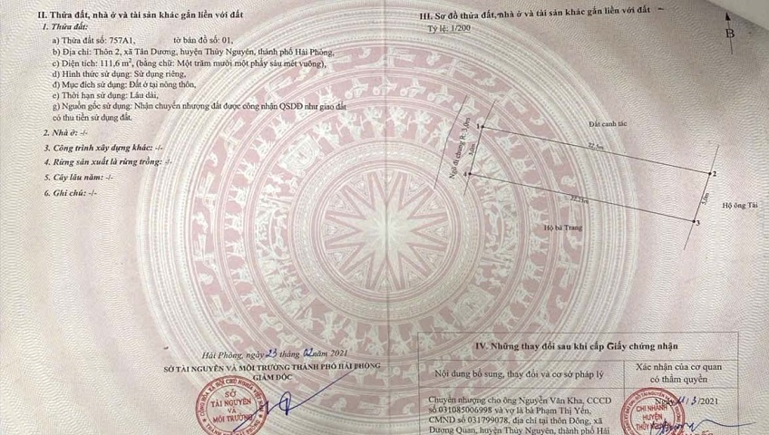 Chuyển nhượng  lô đất TDP 2  phường Thuỷ Nguyên (Tân Dương), TP Hải Phòng