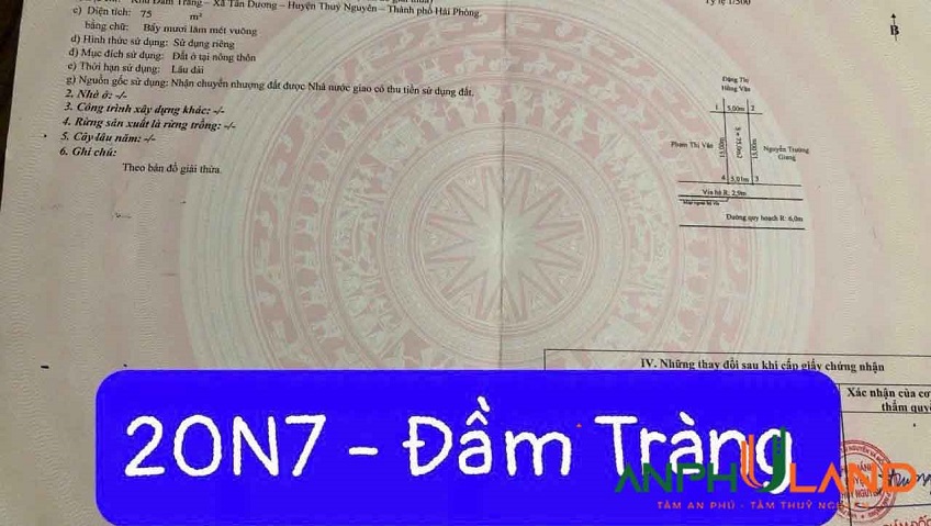 Cần bán lô đất tại Đầm Tràng, Phường Thủy Nguyên ( xã Tân Dương), TP Hải Phòng