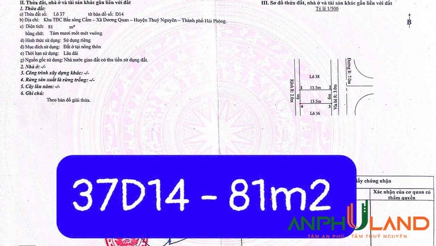 Cần bán lô đất khu D Bắc Sông Cấm, Phường Thủy Nguyên, TP Hải Phòng