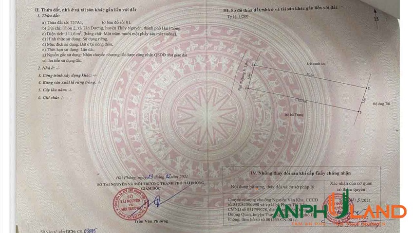 Chào bán lô đất tại Phường Thủy Nguyên ( xã Tân Dương cũ), TP Hải Phòng