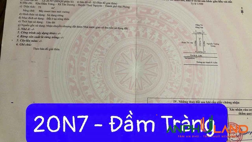 Cần bán duy nhất một lô đất TDP Đầm Tràng, Phường Thủy Nguyên, TP Hải Phòng