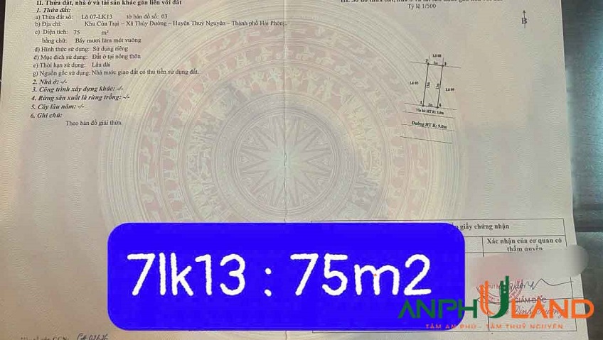 Cần bán lô đất khu đấu giá Cửa Trại, Phường Thủy Nguyên (xã Thủy Đường), TP Hải Phòng