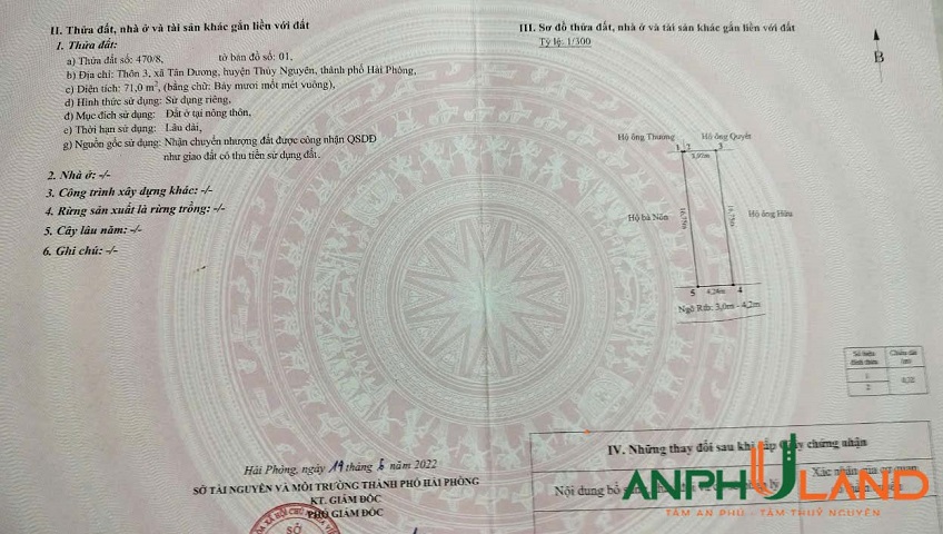 Chính chủ gửi bán 1 lô đất tại phường Thuỷ Nguyên (xã Tân Dương), TP Hải Phòng