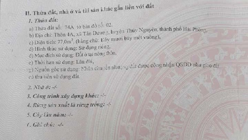 Bán lô đất 77m2 kèm nhà cấp 4 tại phường Thuỷ Nguyên (xã Dương Quan), TP Hải Phòng