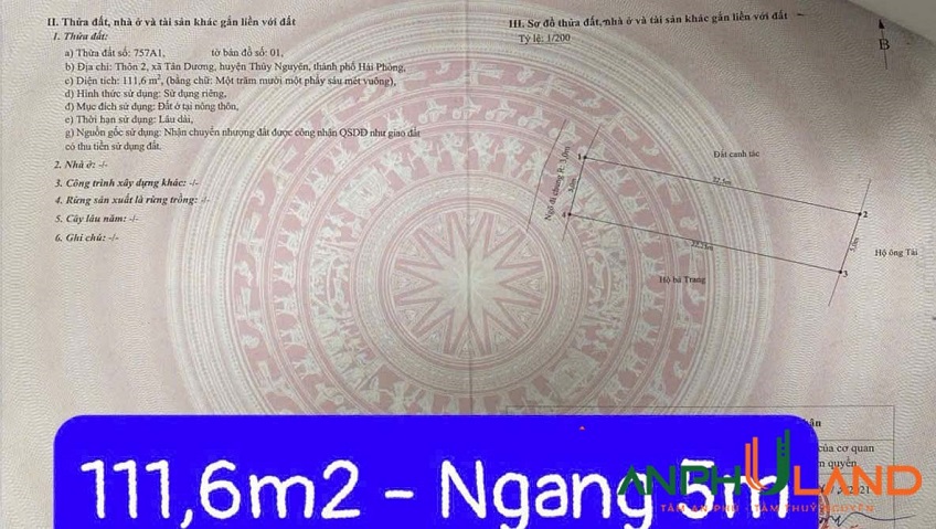 Chuyển nhượng lô đất trung tâm phường Thuỷ Nguyên (xã Tân Dương), TP Hải Phòng