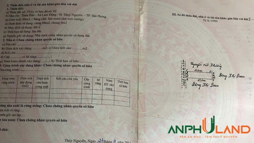 Chính chủ gửi bán lô đất vuông vắn phường Thiên Hương (xã Lâm Động), TP Hải Phòng