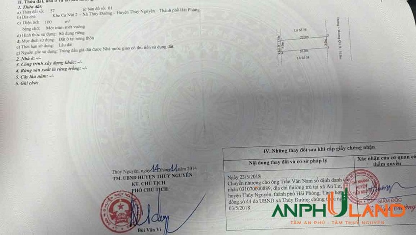 Chào bán 1 lô tuyến 2, khu phân lô khe Ca Núi 2, Phường Thủy Nguyên ( Thủy Đường), TP Hải Phòng