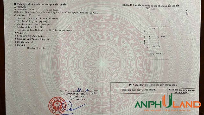 Cần bán lô góc biệt thự 190 m2 tại Phường Thủy Nguyên ( xã Thủy Sơn), TP Hải Phòng
