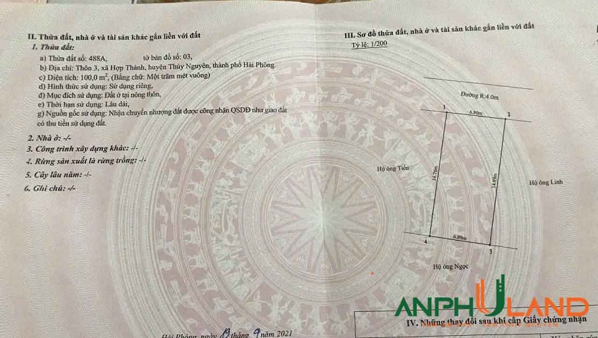 Chuyển nhượng 100 m2 lô đất Phường Lưu Kiếm ( xã Hợp Thành), TP Hải Phòng