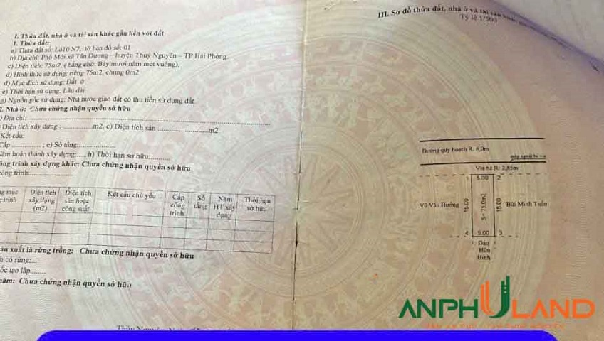 Cần bán lô đất N07 khu Đầm Tràng, Phường Thủy Nguyên ( xã Tân Dương), TP Hải Phòng