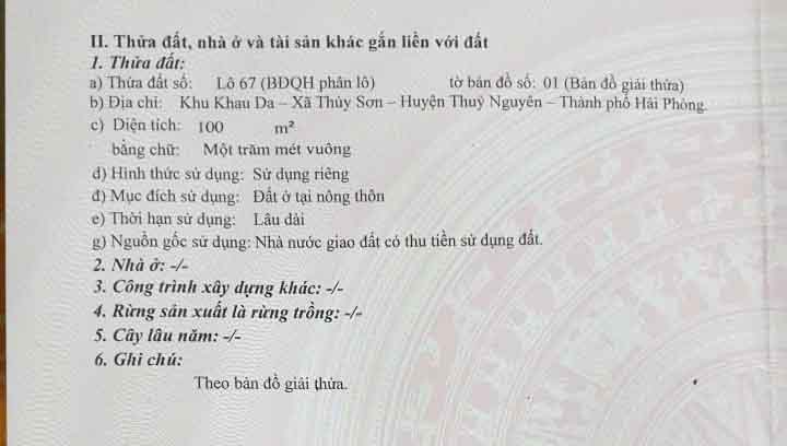 Cần bán lô đất phân lô tại Khau Da, Phường Thủy Nguyên ( xã Thủy Sơn), TP Hải Phòng