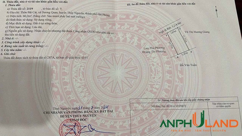 Cần bán ngay sát cạnh TDP Bãi Cát, Phường Thủy Nguyên ( xã Dương Quan), TP Hải Phòng
