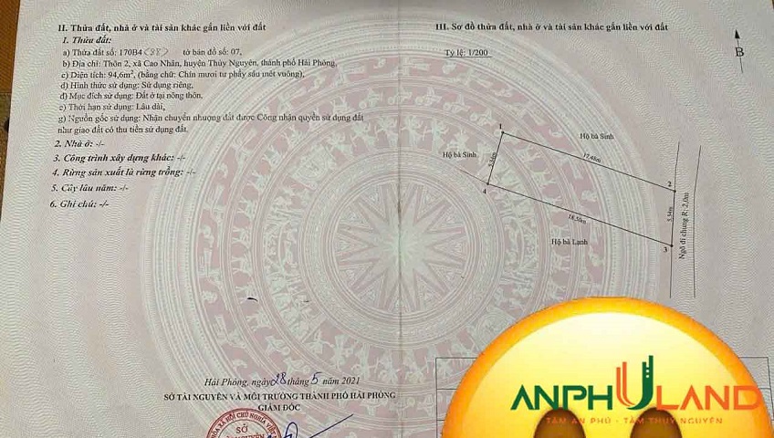 Chuyển nhượng lô đất đẹp phường Lê Ích Mộc ( xã Cao Nhân), TP Hải Phòng