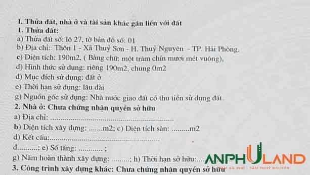 Cần bán lô biệt thự 190m2 tại Phường Thủy Nguyên ( xã Thủy Sơn ), TP Hải Phòng