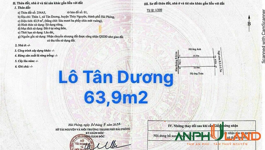 Chính chủ gửi bán 1 lô duy nhất tại phường Thuỷ Nguyên (Tân Dương), TP Hải Phòng