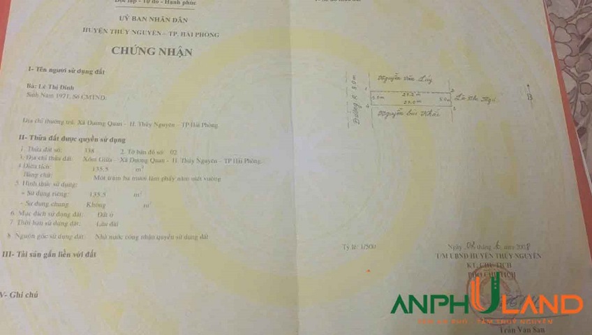 Cần bán lô đất 135m2 trục chính tại phường Thủy Nguyên ( xã Dương Quan), TP Hải Phòng