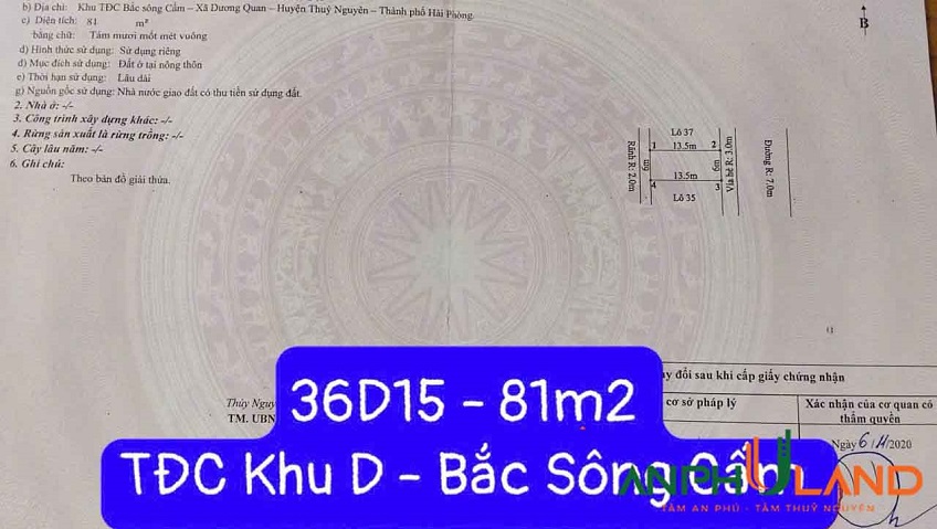  Bán lô đất đẹp khu D TĐC Bắc Sông Cấm, Phường Thủy Nguyên ( xã Dương Quan), TP Hải Phòng