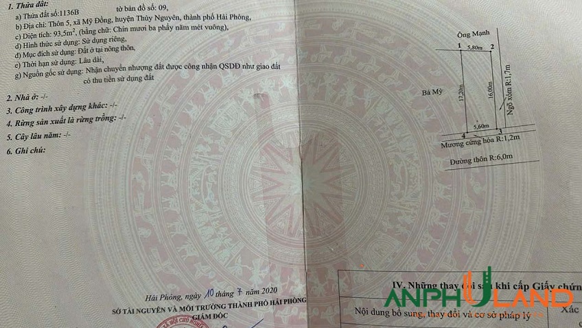 Chính chủ gửi bán lô góc phường Lê Ích Mộc (xã Mỹ Đồng), TP Hải Phòng