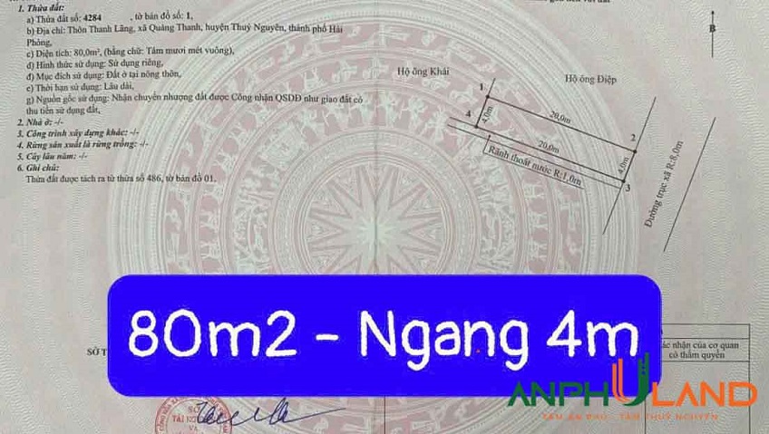 Chào bán 80m2 mặt đường TDP Thanh Lãng, Phường Lê Ích Mộc (xã Quảng Thanh), TP Hải Phòng 