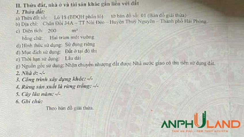 Bán lô đất hàng hiếm Đồi 34, phường Thuỷ Nguyên (Núi Đèo), TP Hải Phòng