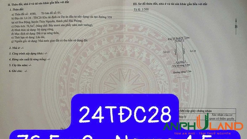 Bán lô đất 24 - TĐC28 Hoa Động, phường Thuỷ Nguyên, TP Hải Phòng