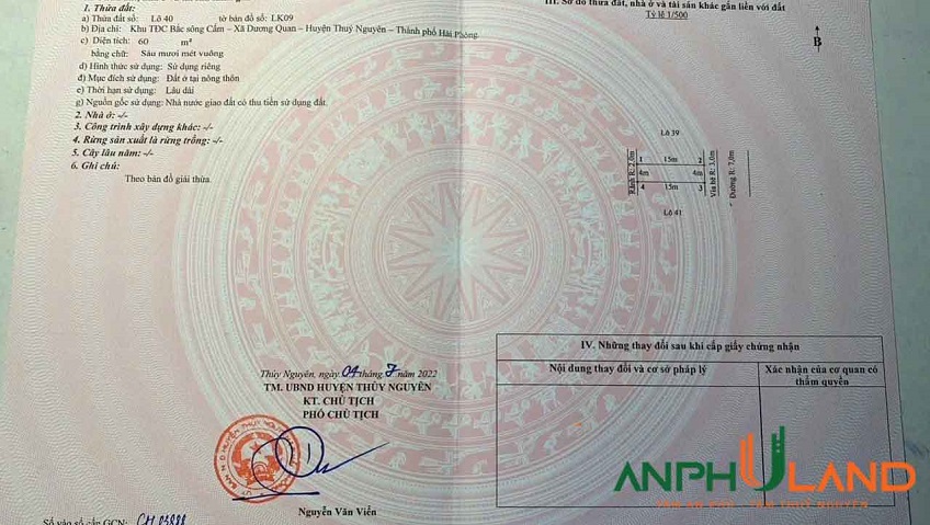 Chào bán lô đất 60m2 TĐC Áp Tràn, Phường Thủy Nguyên( xã Dương Quan), TP Hải Phòng