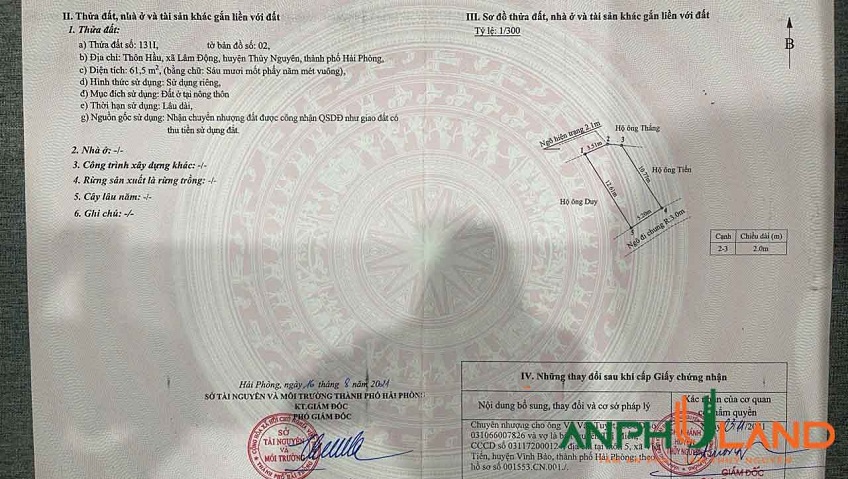 Cần bán lô đất TDP Hầu, Phường Thiên Hương ( xã Lâm Động cũ), TP Hải Phòng