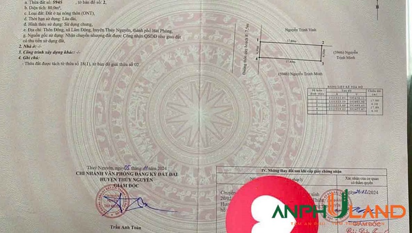 Cần bán lô đất trung tâm phường Thiên Hương ( xã Lâm Động), TP Hải Phòng