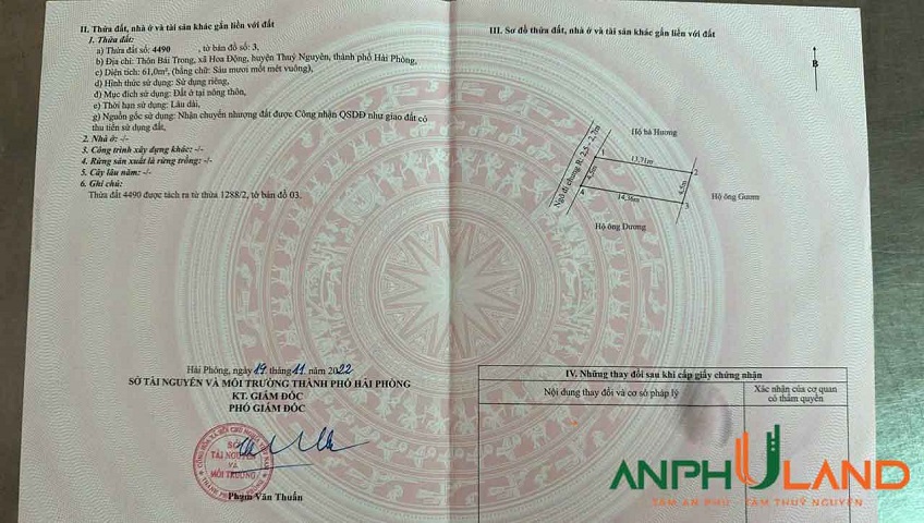 Chủ cần tiền bán nhanh lô đất TDP Bái Trong, Phường Thủy Nguyên ( xã Hoa Động), TP Hải Phòng