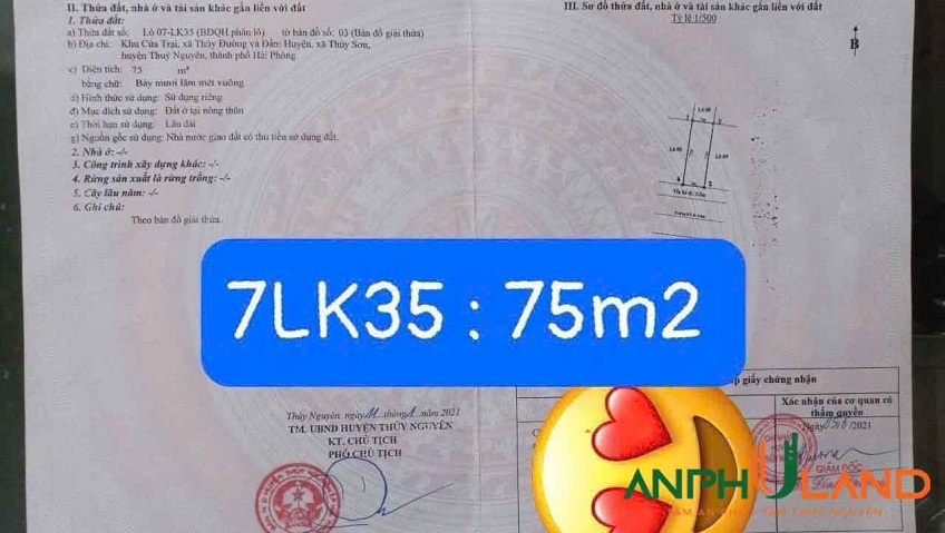Duy nhất 1 lô 75m2 tại khu đấu giá Cửa Trại, P. Thủy Nguyên ( xã Thủy Đường), TP Hải Phòng
