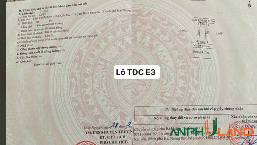 Cần bán một lô dãy E tái định cư Phường Lê Ích Mộc ( xã Kiền Bái), TP Hải Phòng