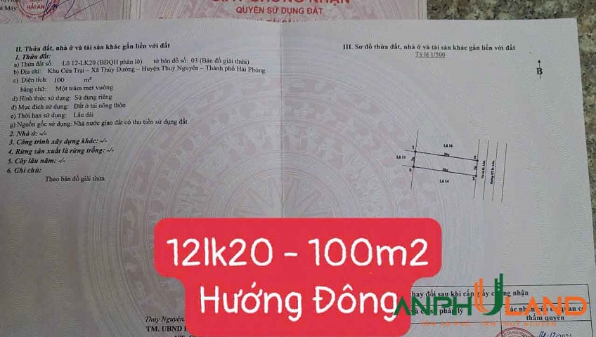 Chuyển nhượng lô đất khu Cửa Trại, Phường Thủy Nguyên (xã Thủy Đường), TP Hải Phòng 