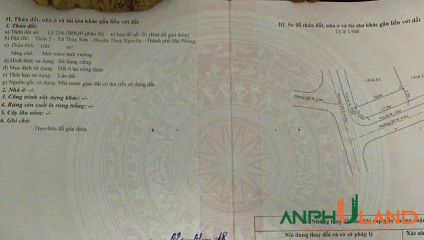 Chào bán lô góc 254 , Khu Khau Da, Phường Thuỷ Nguyên ( xã Thủy Sơn), TP Hải Phòng