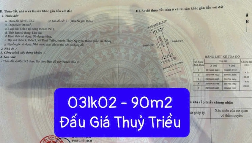 Bán lô đất đẹp khu đấu giá Thuỷ Triều, phường Hoà Bình, TP Hải Phòng