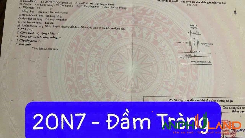 Cần bán lô đất tại khu Đầm Tràng, Phường Thủy Nguyên ( xã Tân Dương), TP Hải Phòng