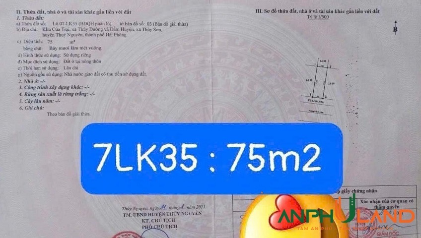 Duy nhất 1 lô 75m2 tại trục đường thông 15m khu Cửa Trại, phường Thuỷ Nguyên, TP Hải Phòng