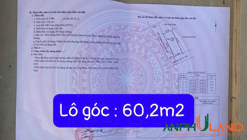 Cần bán lô góc hai mặt tiền tại Phường Thủy Nguyên ( xã Dương Quan), TP Hải Phòng