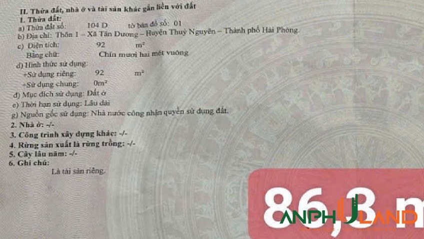 Chính chủ gửi bán lô đất đẹp mướt mơ tại phường Thuỷ Nguyên (Tân Dương), TP Hải Phòng