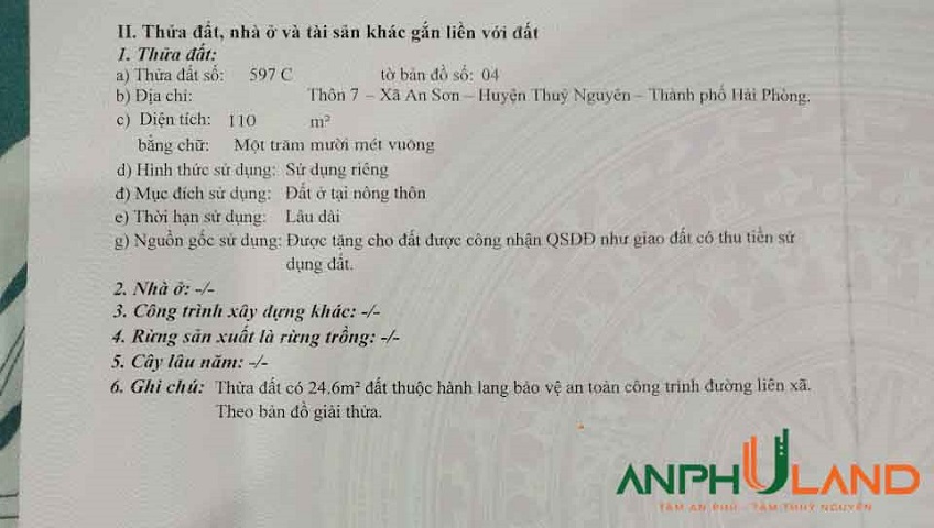 Cần bán lô đất đẹp trục liên xã Việt Khê ( xã An Sơn), TP Hải Phòng