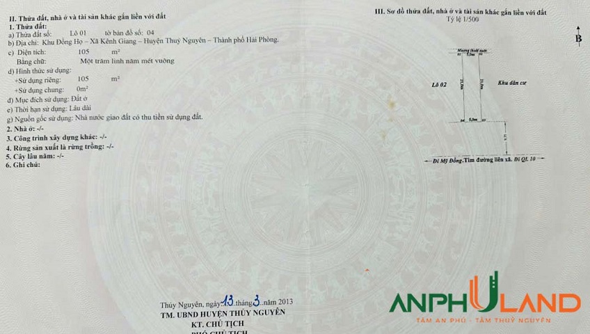 Bán lô đất mặt đường TDP Đồng Họ, phường Lưu Kiếm (Kênh Giang), TP Hải Phòng 