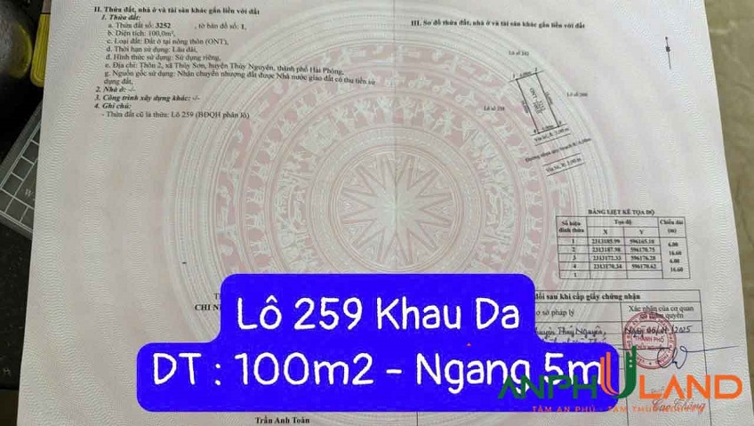 Chào bán lô 259 tại Khu Khau Da, Phường Thuỷ Nguyên ( xã Thủy Sơn), Hải Phòng