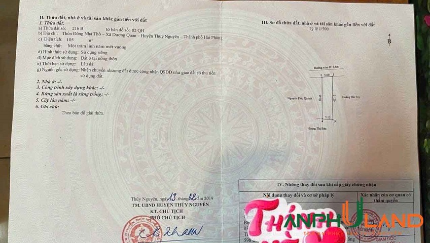 Cần bán lô đất TDP Đông Nhà Thờ, Phường Thủy Nguyên ( xã Dương Quan), TP Hải Phòng