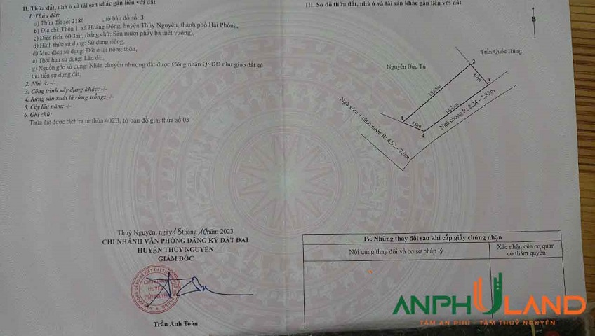 Chính chủ chào bán lô góc 60m2 tại Phường Thiên Hương ( xã Hoàng Động), TP Hải Phòng